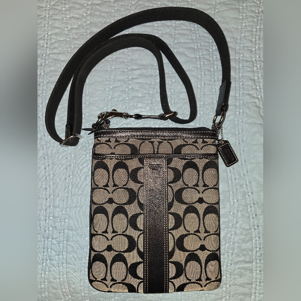 COACH Signature Stripe Black and Grey Crossbody Swingpack Bag